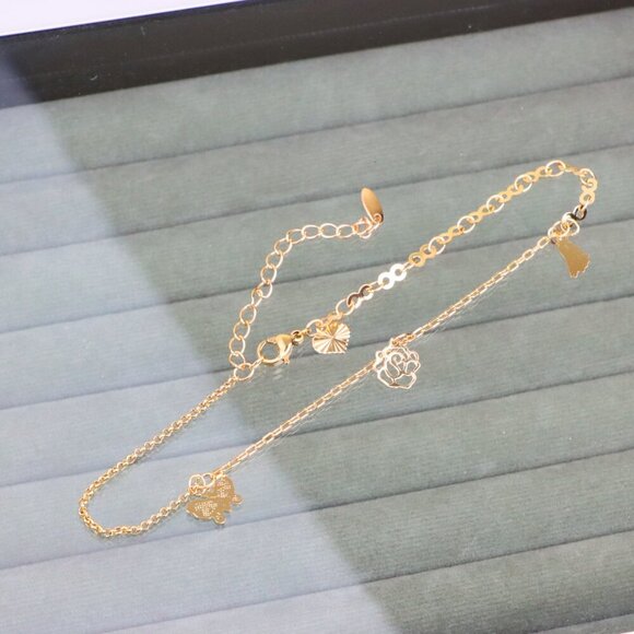 "Rose Gold Butterfly and Floral Charm Anklet, XPAL1053 - Picture 9 of 11